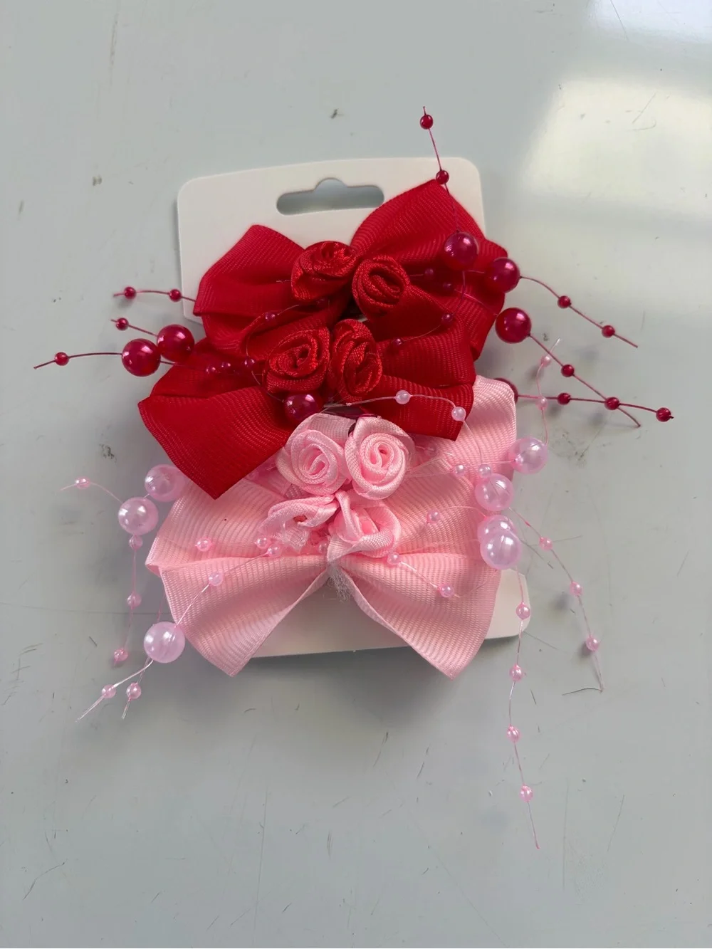 About A Girl Red & Light Pink Bow Hair Clips with Bead Accents